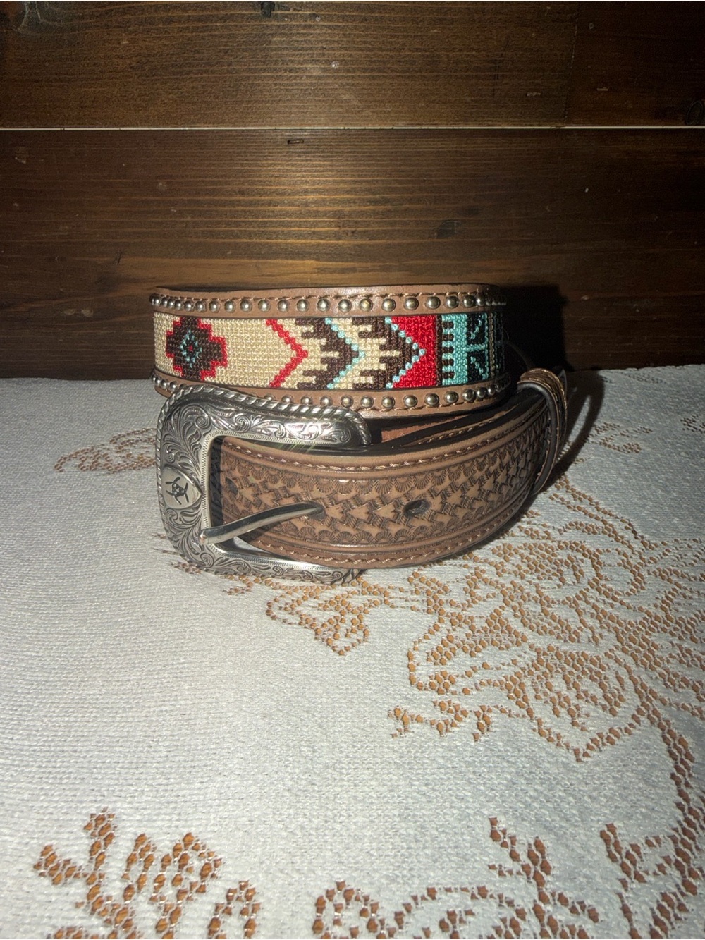 Ariat Western Embroidered Leather Belt with Silver Buckle - Brown & Turquoise